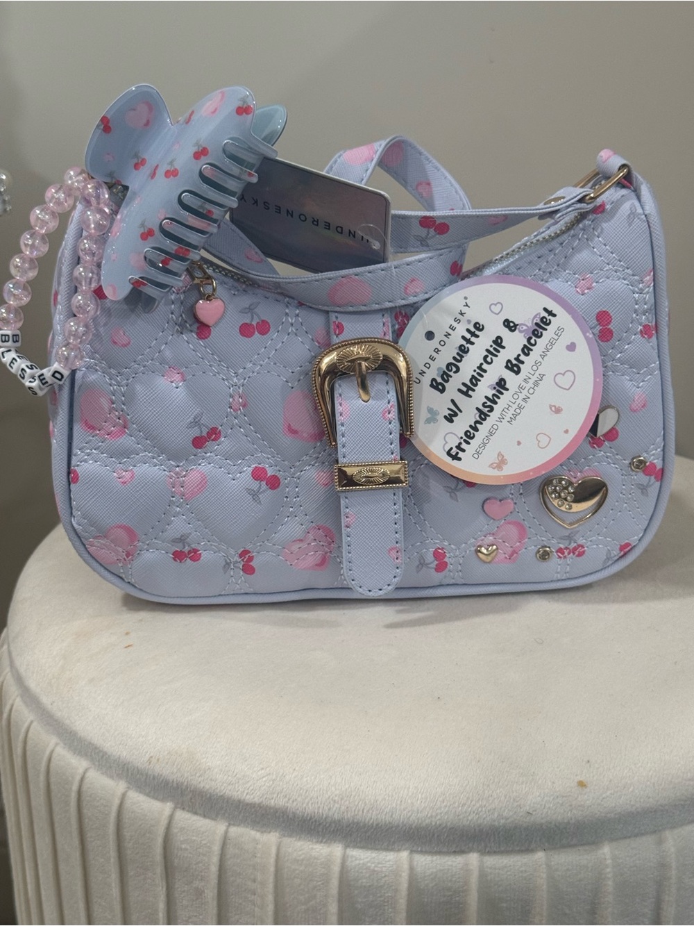 Kids Light Blue Quilted Heart Crossbody Bag with Pink Accents